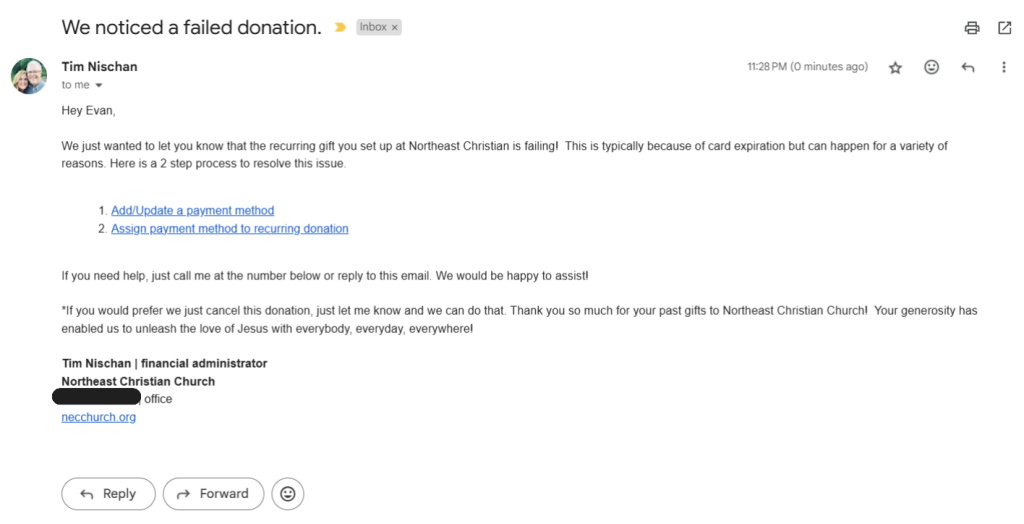 Failed donation email from the church in a donor inbox