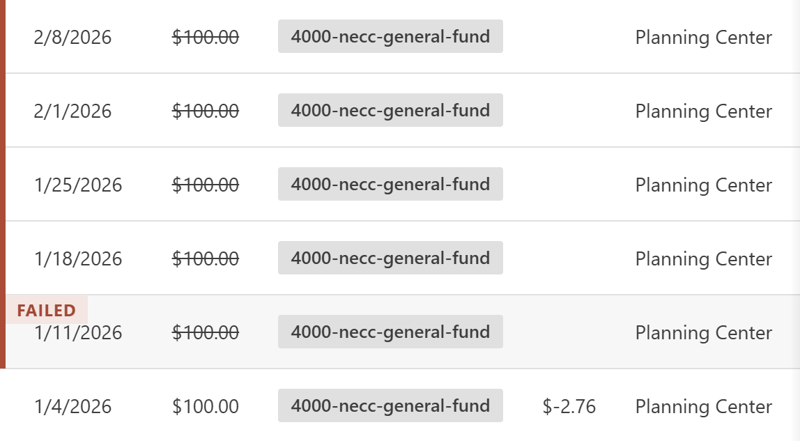 Planning Center showing failed donation with no follow-up